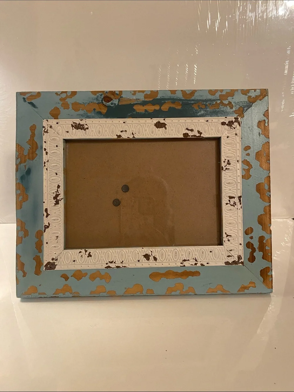 Hobby Lobby Turquoise and White Distressed Picture Frame with Gold Accents 5 x 7